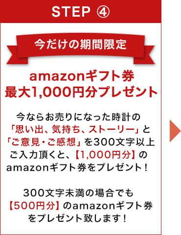 更に今ならお売りになった時計の「思い出、気持ち、ストーリー」もご入力頂くと、1,000円分のamazonギフト券をプレゼント